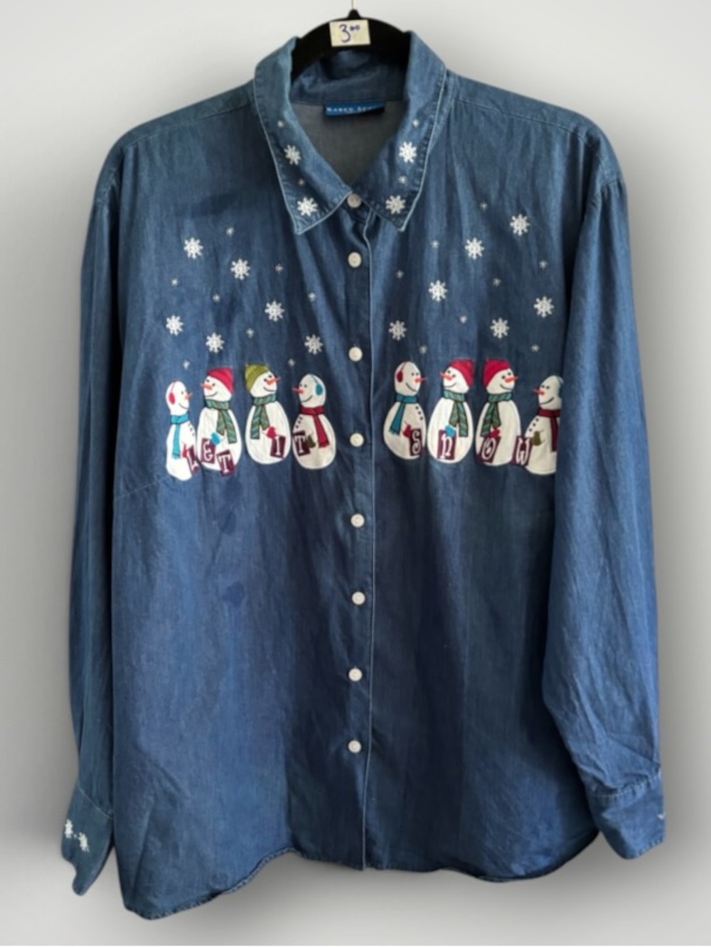 Vintage 90s Karen Scott Button Down Snowman Snowflake Denim Shirt Size 2X